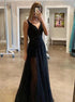 A Line Black V Neck Sequins Prom Dress LBQ1001